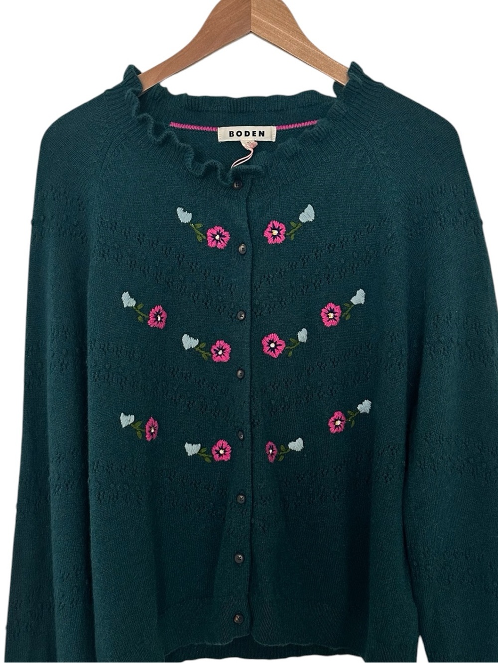 Boden New With Tags Fae Embroidered Fair Isle Cardigan Womens XL Green Pink - Picture 4 of 14